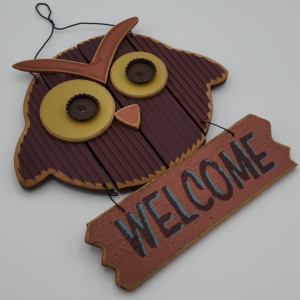 Quirky Rustic Owl Welcome Sign with Googly Bottle Cap Eyes